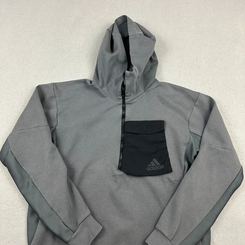 Adidas Hoodie Men Medium Gray 1/4 Zip Ribbed Panel Tech Fleece Utility Pocket M